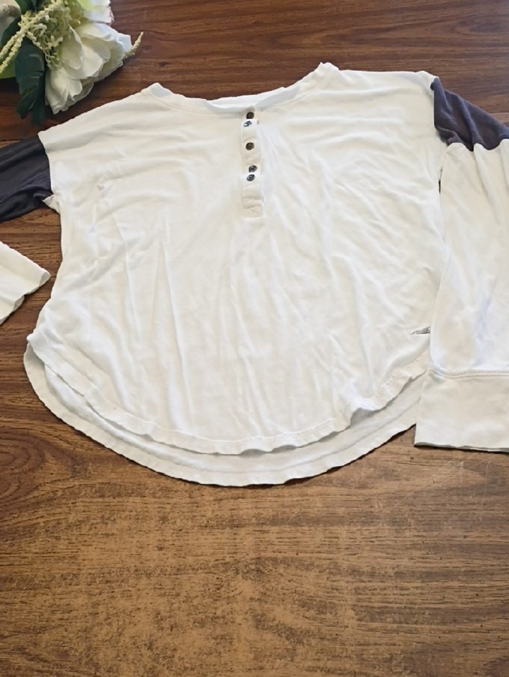 Hollister White Henley Long Sleeve Top with Gray Raglan Sleeves